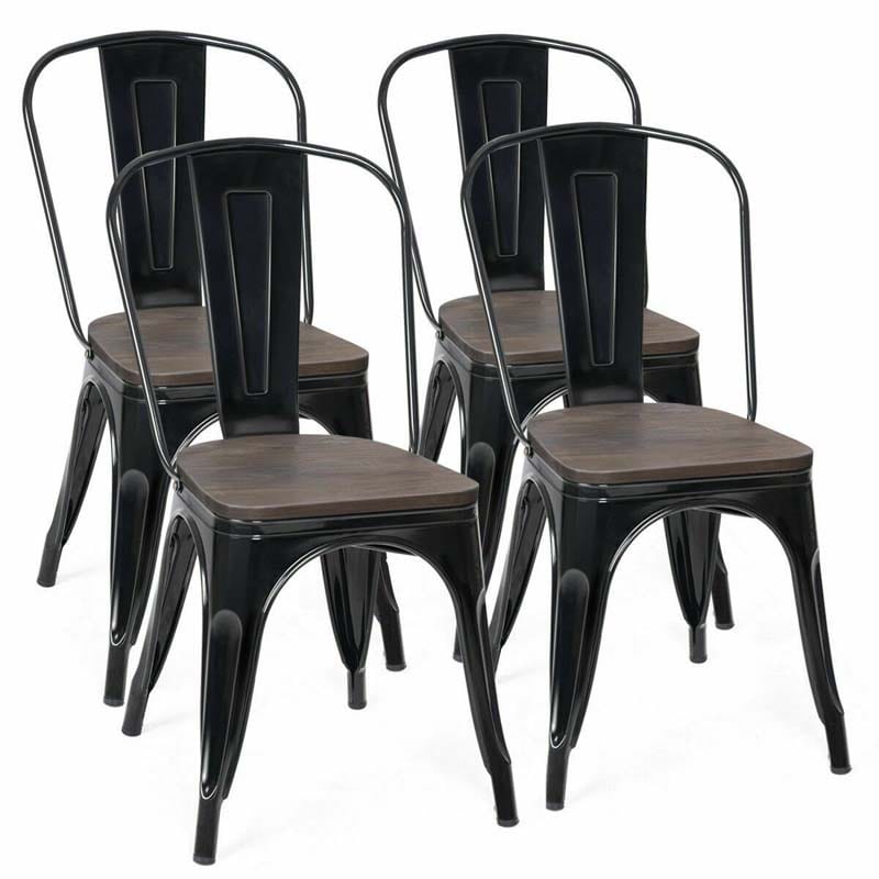 Set of 4 Industrial Vintage Stackable Metal Chairs, 18" Counter Bar Dining Chairs with High Backrest & Wood Seat