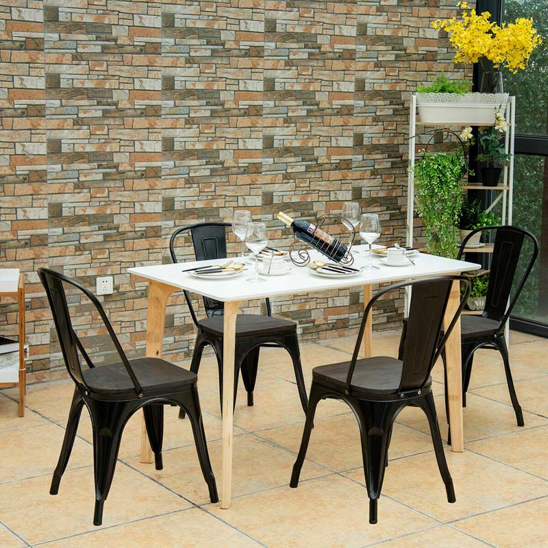 Set of 4 Industrial Vintage Stackable Metal Chairs, 18" Counter Bar Dining Chairs with High Backrest & Wood Seat for Home Kitchen Cafe Bar