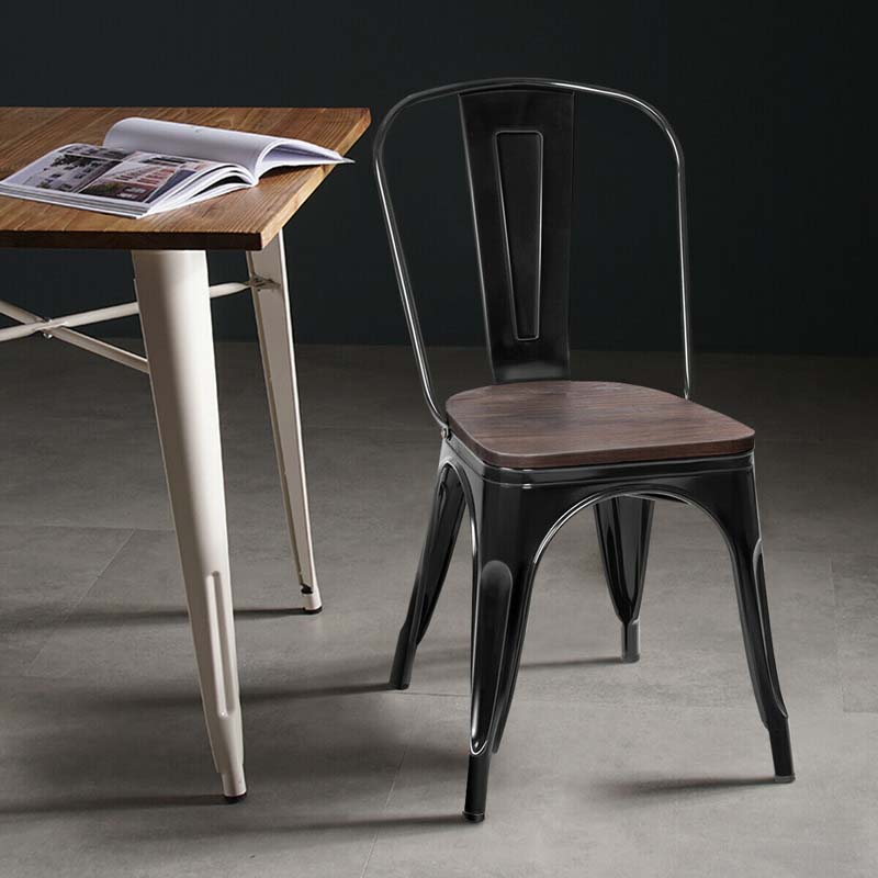 Set of 4 Industrial Vintage Stackable Metal Chairs, 18" Counter Bar Dining Chairs with High Backrest & Wood Seat for Home Kitchen Cafe Bar