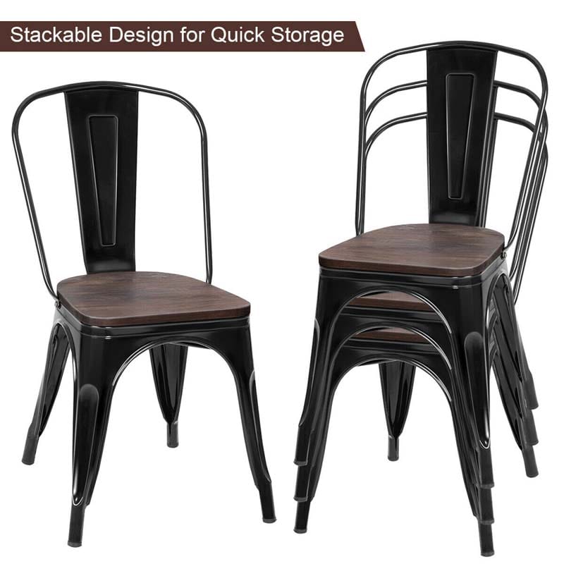 Set of 4 Industrial Vintage Stackable Metal Chairs, 18" Counter Bar Dining Chairs with High Backrest & Wood Seat