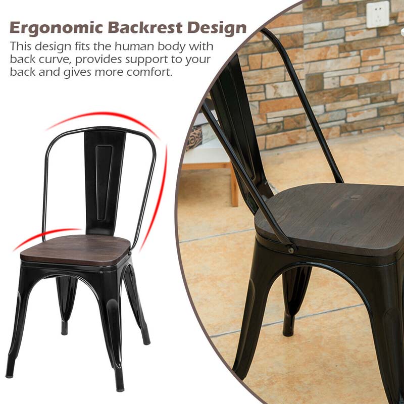 Set of 4 Industrial Vintage Stackable Metal Chairs, 18" Counter Bar Dining Chairs with High Backrest & Wood Seat for Home Kitchen Cafe Bar