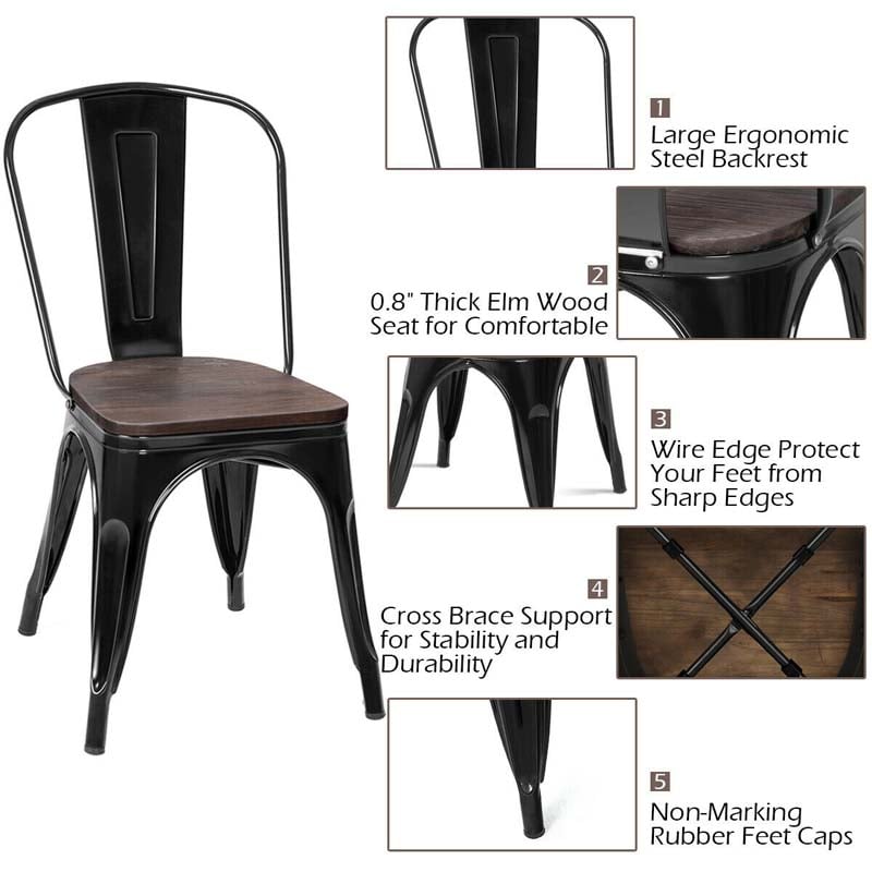 Set of 4 Industrial Vintage Stackable Metal Chairs, 18" Counter Bar Dining Chairs with High Backrest & Wood Seat for Home Kitchen Cafe Bar
