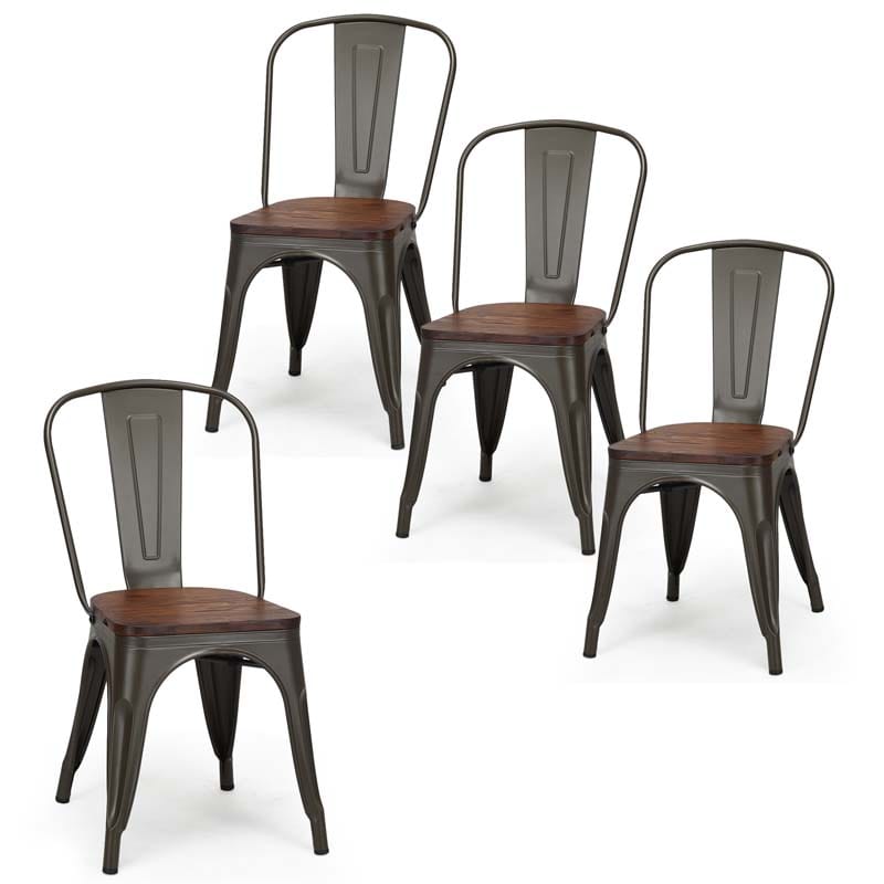Set of 4 Industrial Vintage Stackable Metal Chairs, 18" Counter Bar Dining Chairs with High Backrest & Wood Seat for Home Kitchen Cafe Bar