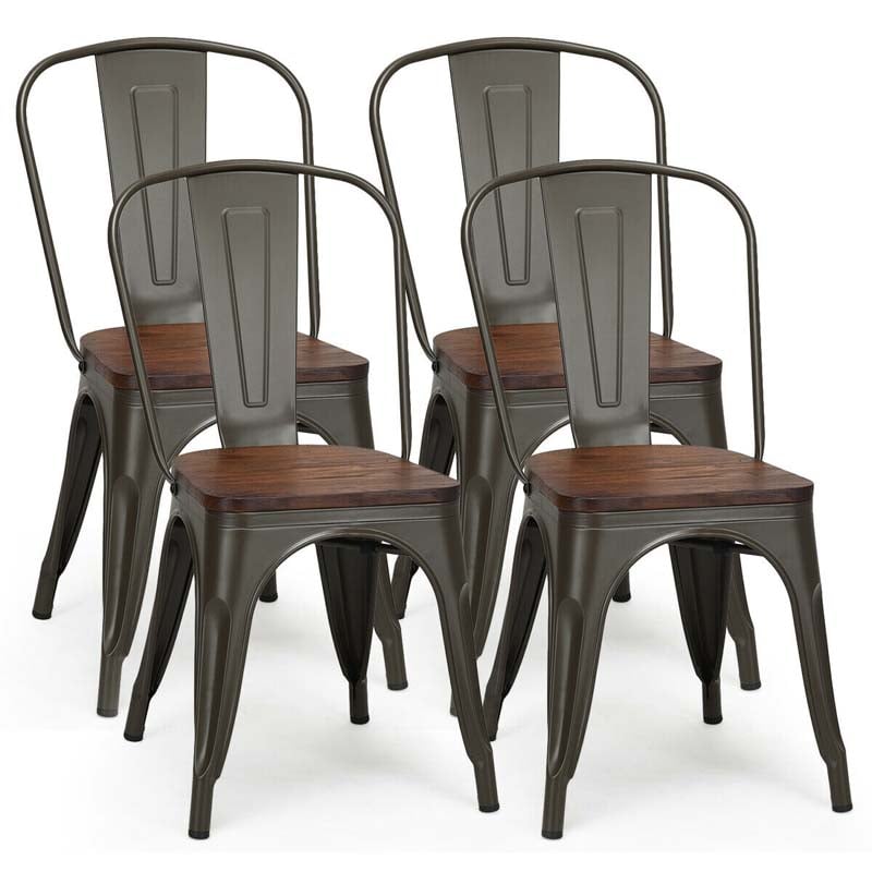 Set of 4 Industrial Vintage Stackable Metal Chairs, 18" Counter Bar Dining Chairs with High Backrest & Wood Seat for Home Kitchen Cafe Bar