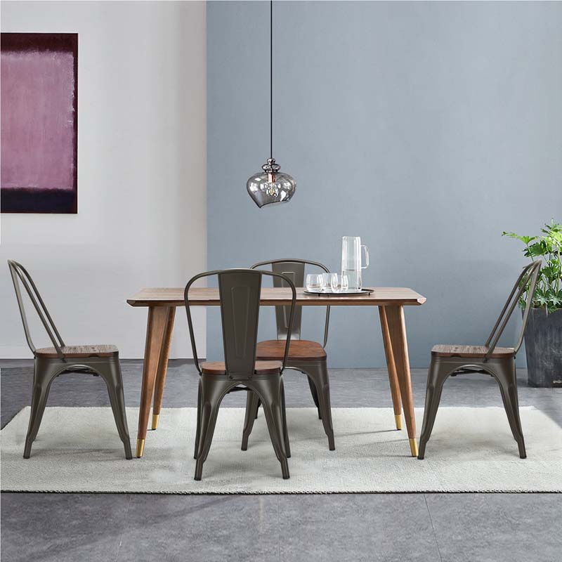 Set of 4 Industrial Vintage Stackable Metal Chairs, 18" Counter Bar Dining Chairs with High Backrest & Wood Seat for Home Kitchen Cafe Bar
