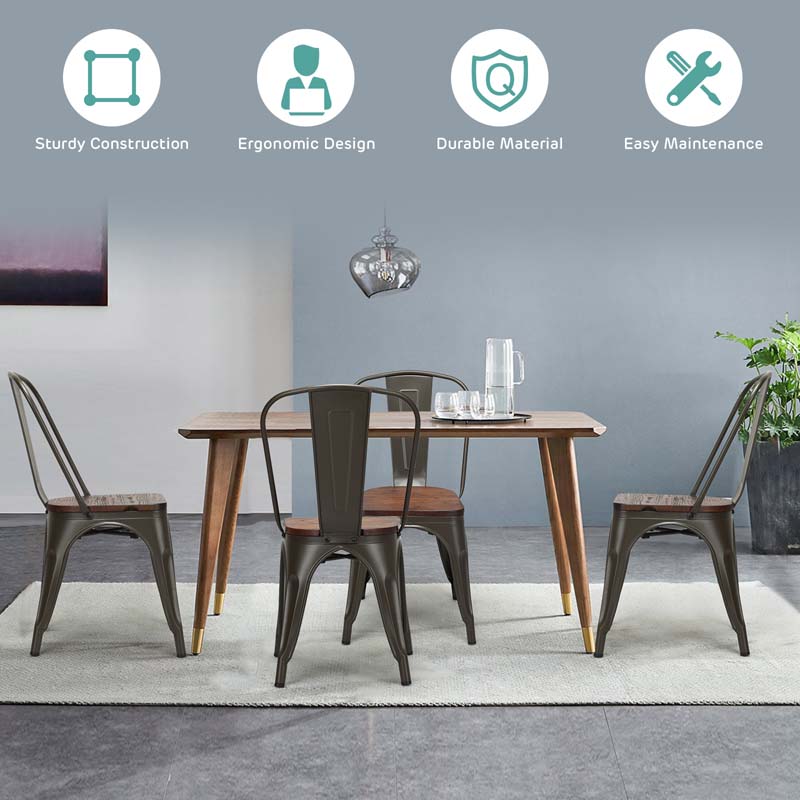 Set of 4 Industrial Vintage Stackable Metal Chairs, 18" Counter Bar Dining Chairs with High Backrest & Wood Seat for Home Kitchen Cafe Bar