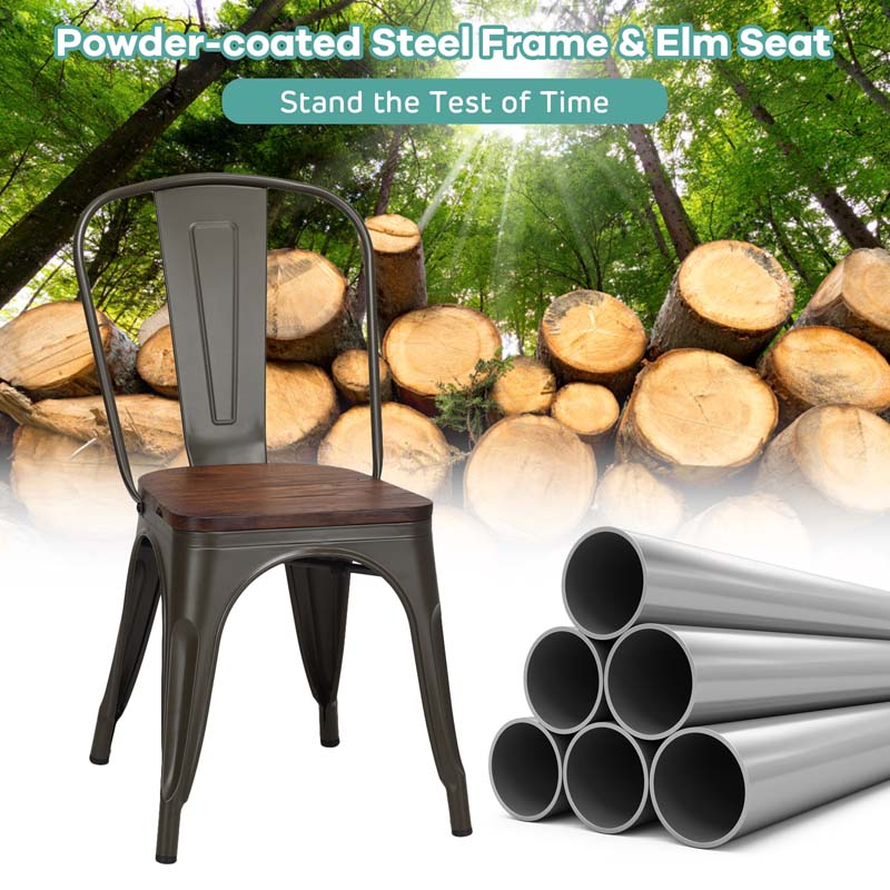 Set of 4 Industrial Vintage Stackable Metal Chairs, 18" Counter Bar Dining Chairs with High Backrest & Wood Seat for Home Kitchen Cafe Bar