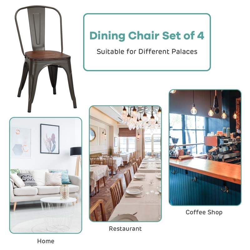 Set of 4 Industrial Vintage Stackable Metal Chairs, 18" Counter Bar Dining Chairs with High Backrest & Wood Seat for Home Kitchen Cafe Bar
