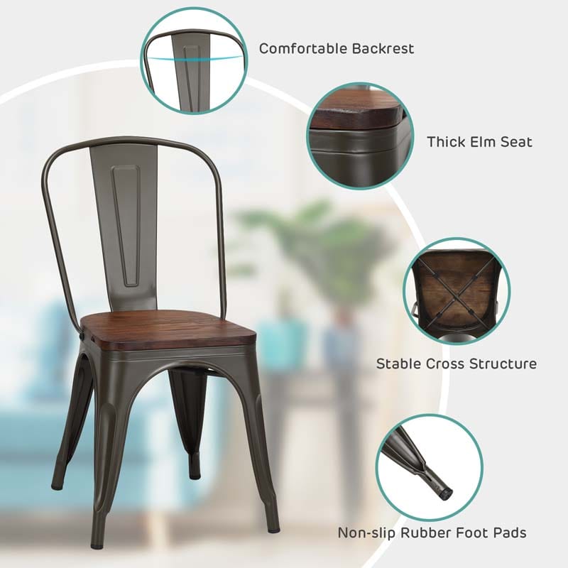 Set of 4 Industrial Vintage Stackable Metal Chairs, 18" Counter Bar Dining Chairs with High Backrest & Wood Seat for Home Kitchen Cafe Bar