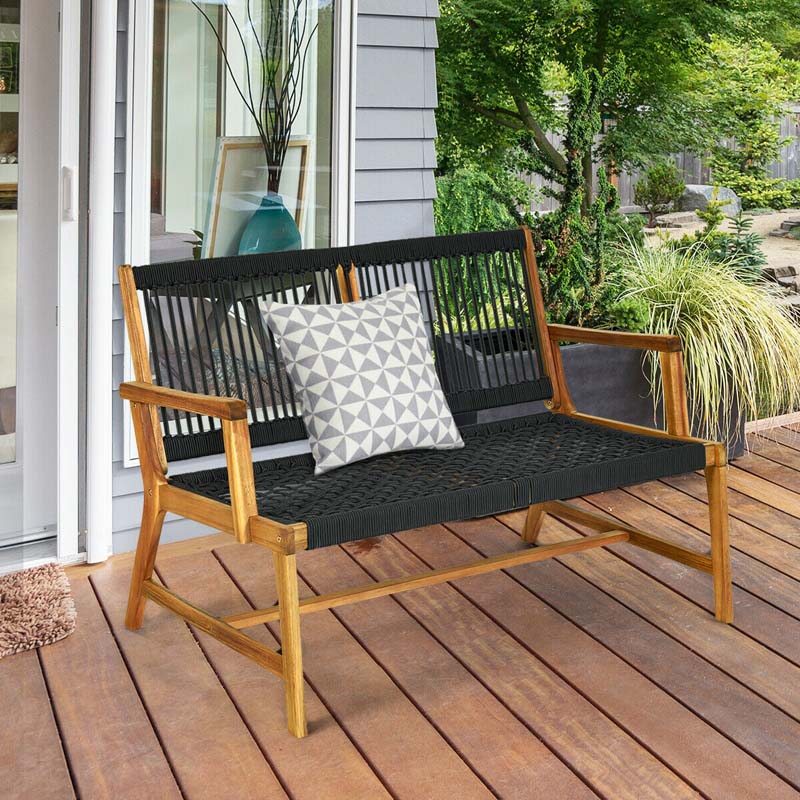 2-Person Acacia Wood Rope Bench Loveseat Chair, Outdoor Patio Garden Park Bench in Teak Oil Finish