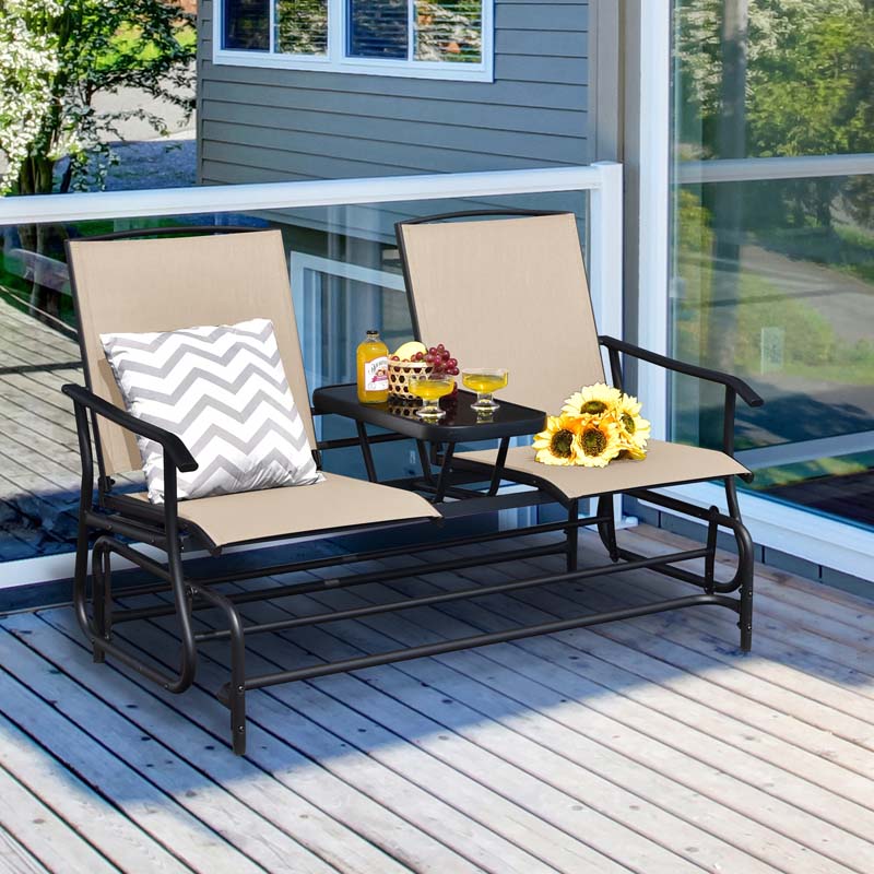 2-Person Outdoor Glider Bench with Center Table, Mesh Fabric Patio Double Rocking Loveseat Chair for Backyard, Poolside