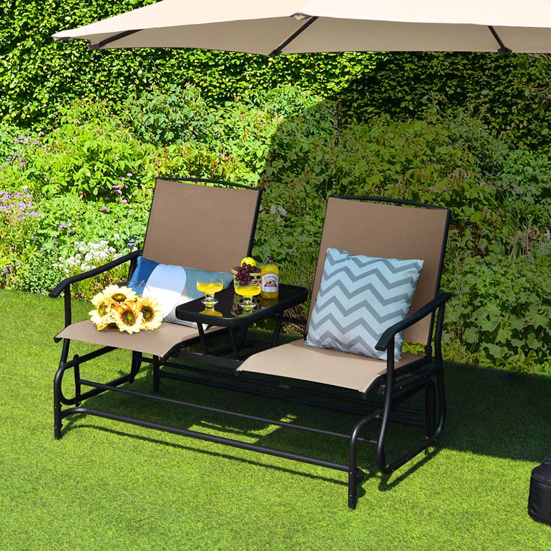 2 seater patio set with umbrella 2-Person Double Rocking Loveseat with Mesh Fabric and Center Tempered Glass Table
