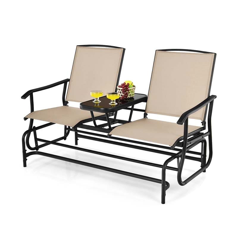 2-Person Outdoor Glider Bench with Center Table, Mesh Fabric Patio Double Rocking Loveseat Chair for Backyard, Poolside