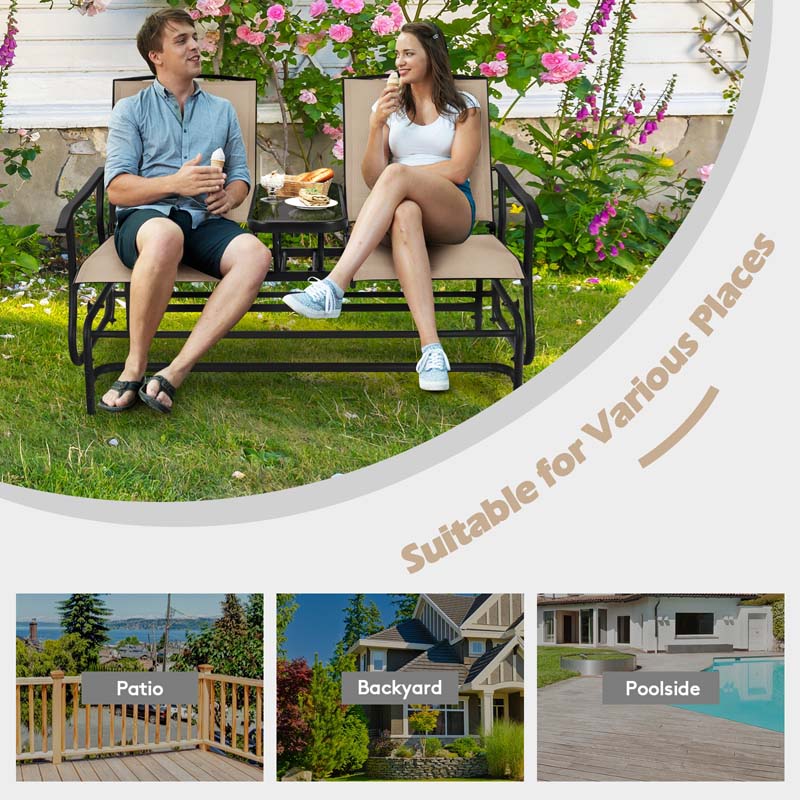 2-Person Outdoor Glider Bench with Center Table, Mesh Fabric Patio Double Rocking Loveseat Chair for Backyard, Poolside