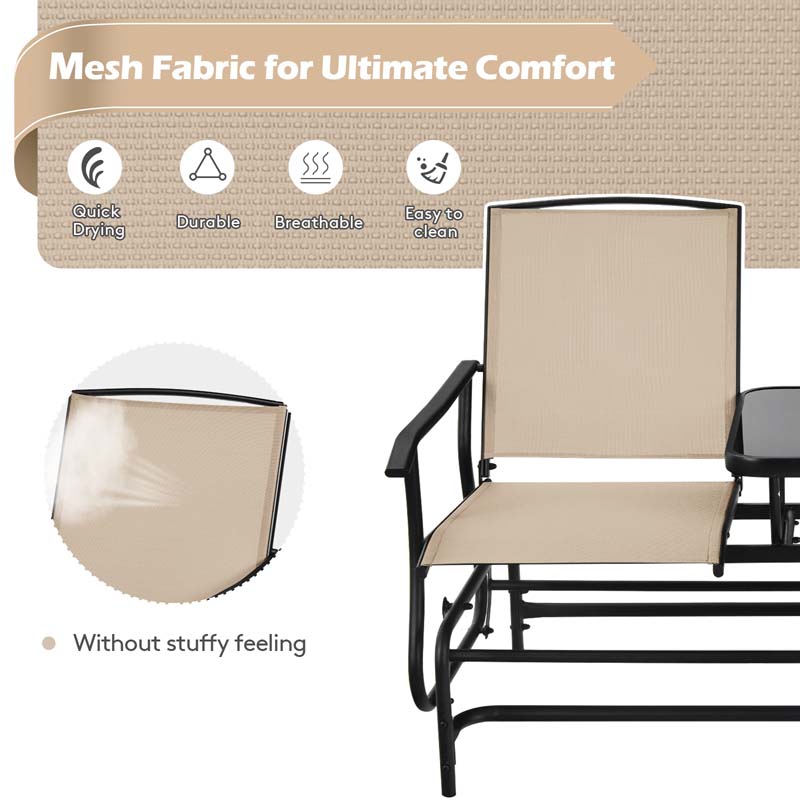 2-Person Outdoor Glider Bench with Center Table, Mesh Fabric Patio Double Rocking Loveseat Chair for Backyard, Poolside