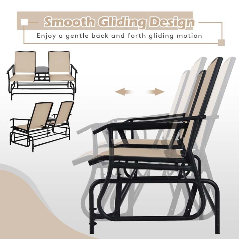2-Person Outdoor Glider Bench with Center Table, Mesh Fabric Patio Double Rocking Loveseat Chair for Backyard, Poolside