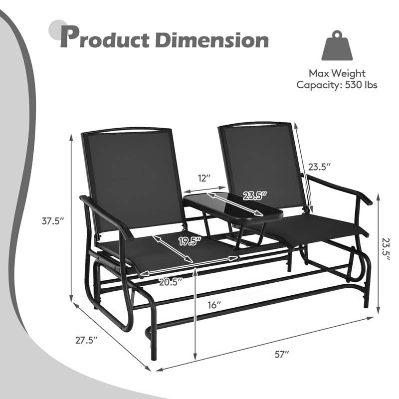 2-Person Outdoor Glider Bench with Center Table, Mesh Fabric Patio Double Rocking Loveseat Chair for Backyard, Poolside