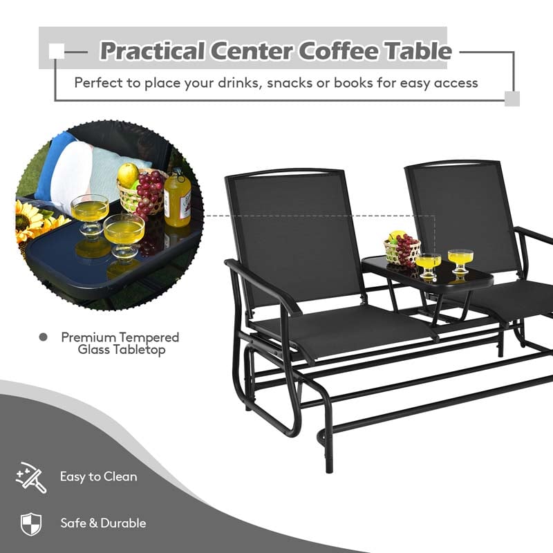 2-Person Outdoor Glider Bench with Center Table, Mesh Fabric Patio Double Rocking Loveseat Chair for Backyard, Poolside