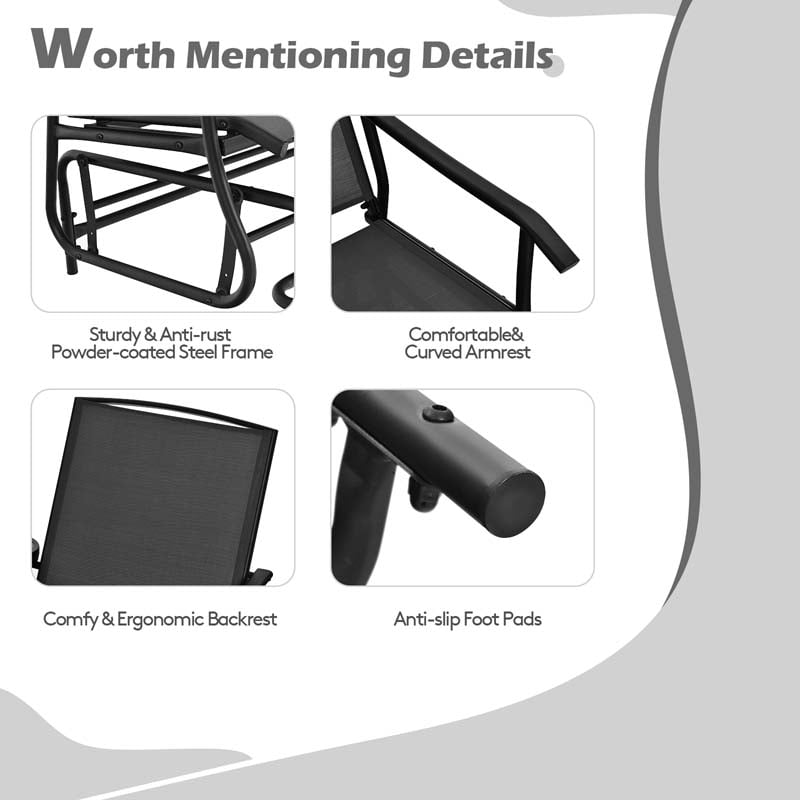 2-Person Outdoor Glider Bench with Center Table, Mesh Fabric Patio Double Rocking Loveseat Chair for Backyard, Poolside