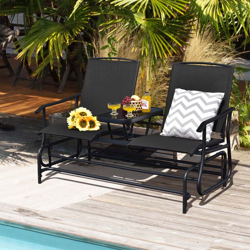 2-Person Outdoor Glider Bench with Center Table, Mesh Fabric Patio Double Rocking Loveseat Chair for Backyard, Poolside