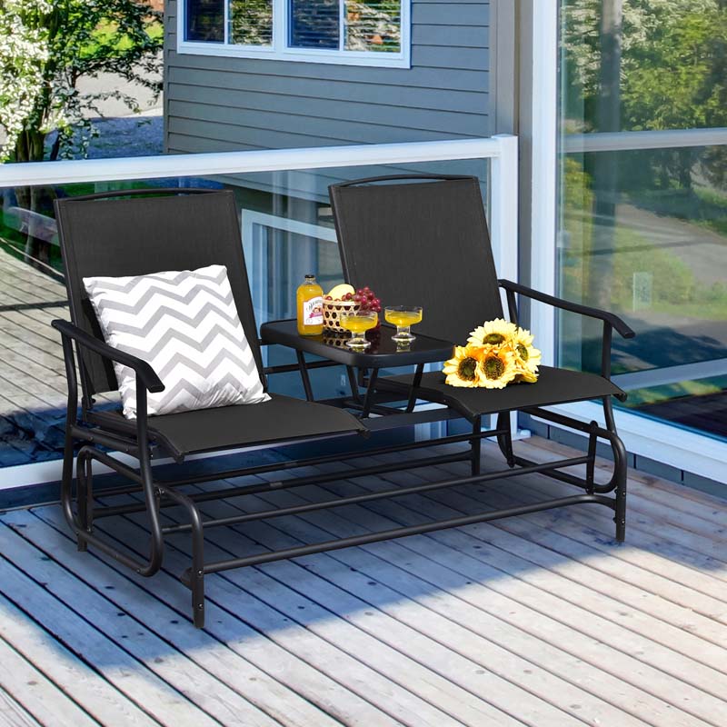 2-Person Outdoor Glider Bench with Center Table, Mesh Fabric Patio Double Rocking Loveseat Chair for Backyard, Poolside