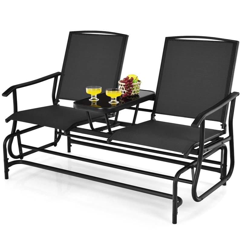 2-Person Outdoor Glider Bench with Center Table, Mesh Fabric Patio Double Rocking Loveseat Chair for Backyard, Poolside