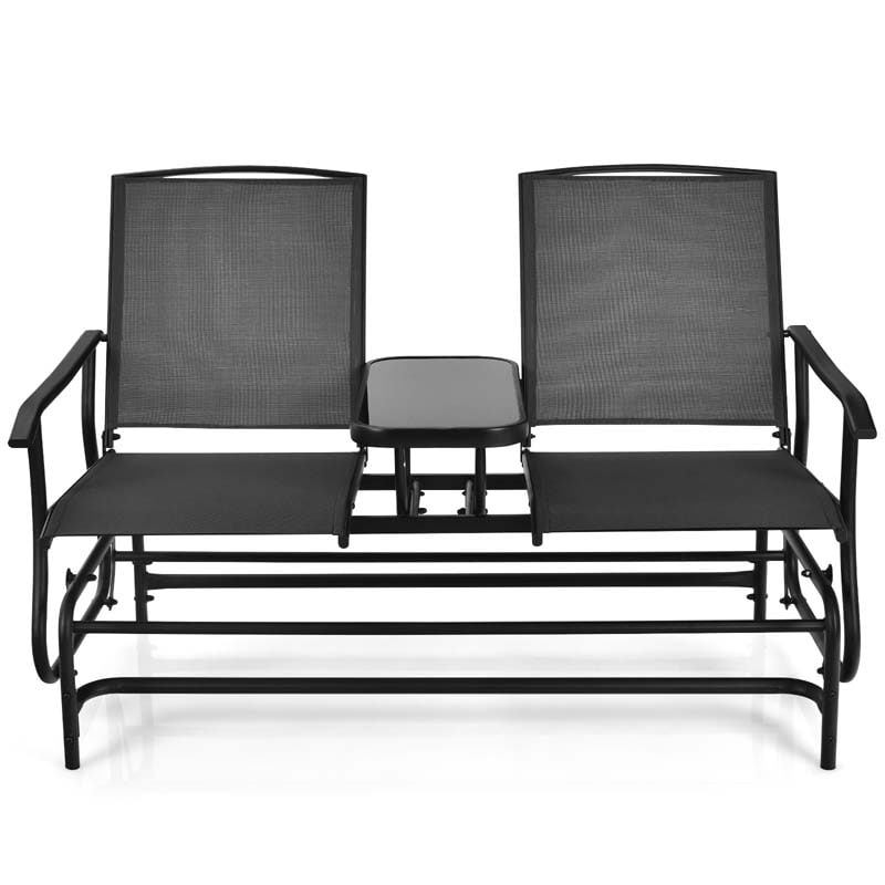 2-Person Outdoor Glider Bench with Center Table, Mesh Fabric Patio Double Rocking Loveseat Chair for Backyard, Poolside