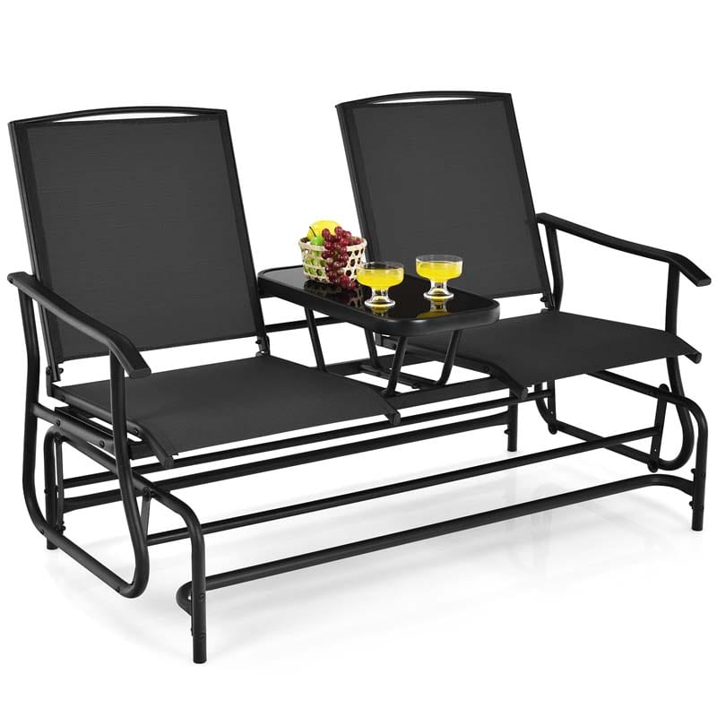 2-Person Outdoor Glider Bench with Center Table, Mesh Fabric Patio Double Rocking Loveseat Chair for Backyard, Poolside