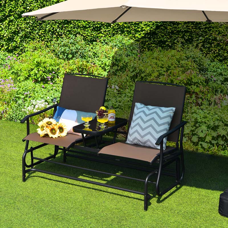 2-Person Outdoor Glider Bench with Center Table, Mesh Fabric Patio Double Rocking Loveseat Chair for Backyard, Poolside