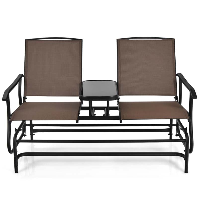2-Person Outdoor Glider Bench with Center Table, Mesh Fabric Patio Double Rocking Loveseat Chair for Backyard, Poolside