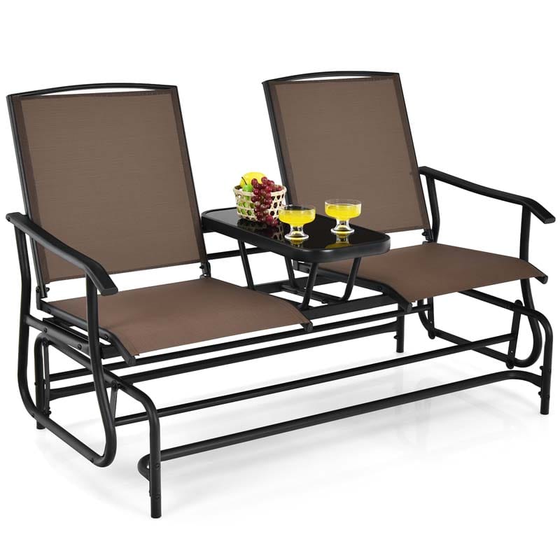 2-Person Outdoor Glider Bench with Center Table, Mesh Fabric Patio Double Rocking Loveseat Chair for Backyard, Poolside