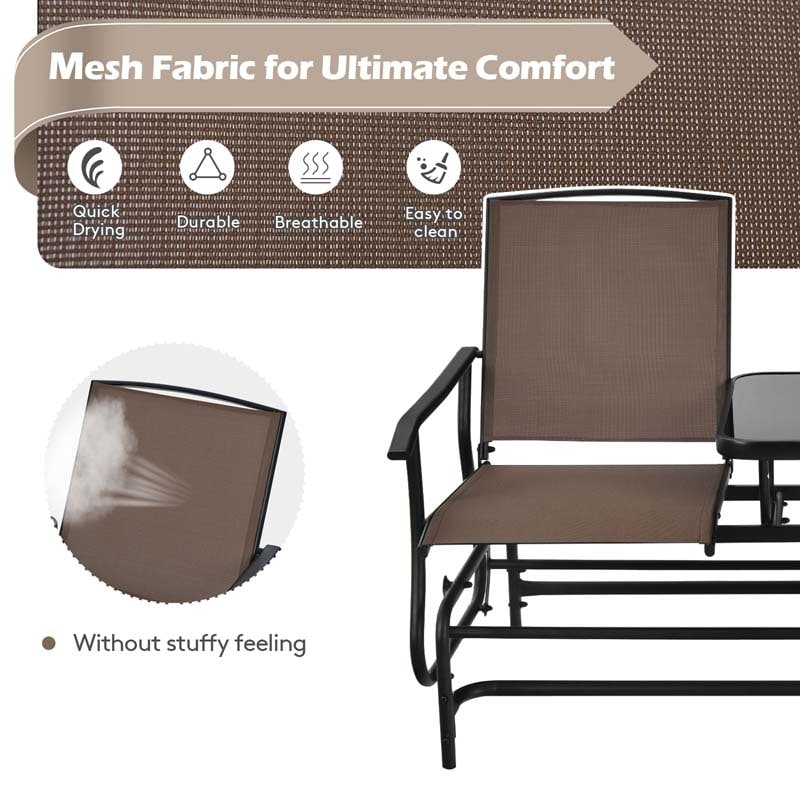2-Person Outdoor Glider Bench with Center Table, Mesh Fabric Patio Double Rocking Loveseat Chair for Backyard, Poolside