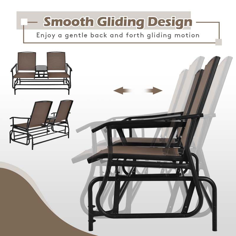 2-Person Outdoor Glider Bench with Center Table, Mesh Fabric Patio Double Rocking Loveseat Chair for Backyard, Poolside