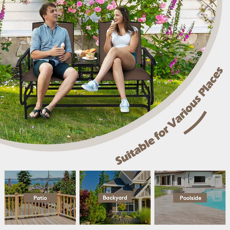 2-Person Outdoor Glider Bench with Center Table, Mesh Fabric Patio Double Rocking Loveseat Chair for Backyard, Poolside