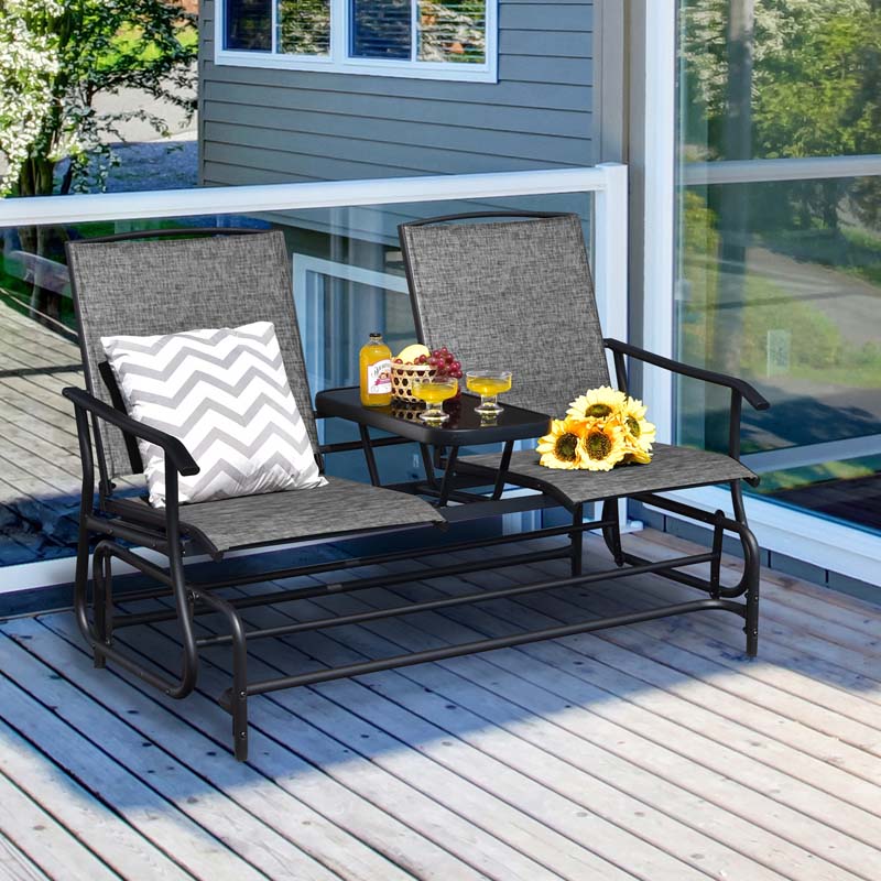 2-Person Outdoor Glider Bench with Center Table, Mesh Fabric Patio Double Rocking Loveseat Chair for Backyard, Poolside