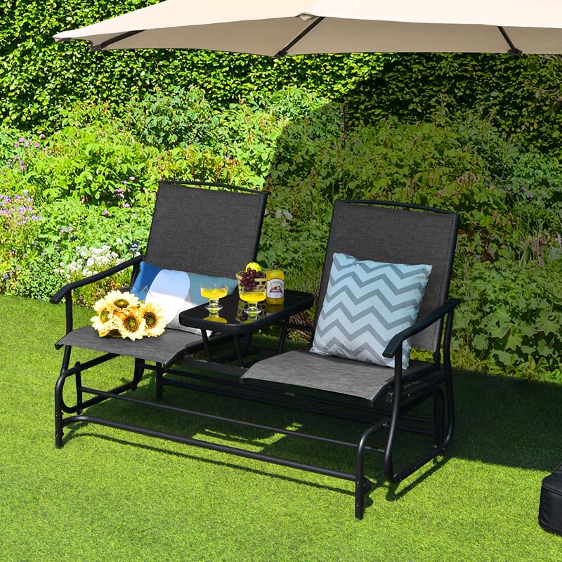 2-Person Outdoor Bench Glider Chair with Center Table, Mesh Fabric Rocking Loveseat for Patio