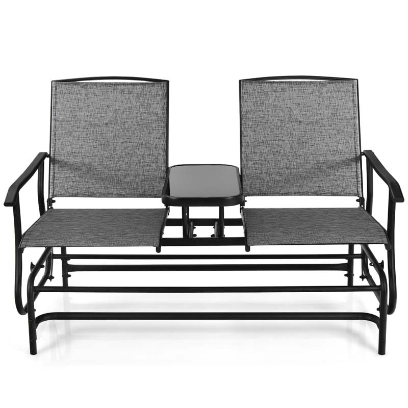 2-Person Outdoor Glider Bench with Center Table, Mesh Fabric Patio Double Rocking Loveseat Chair for Backyard, Poolside