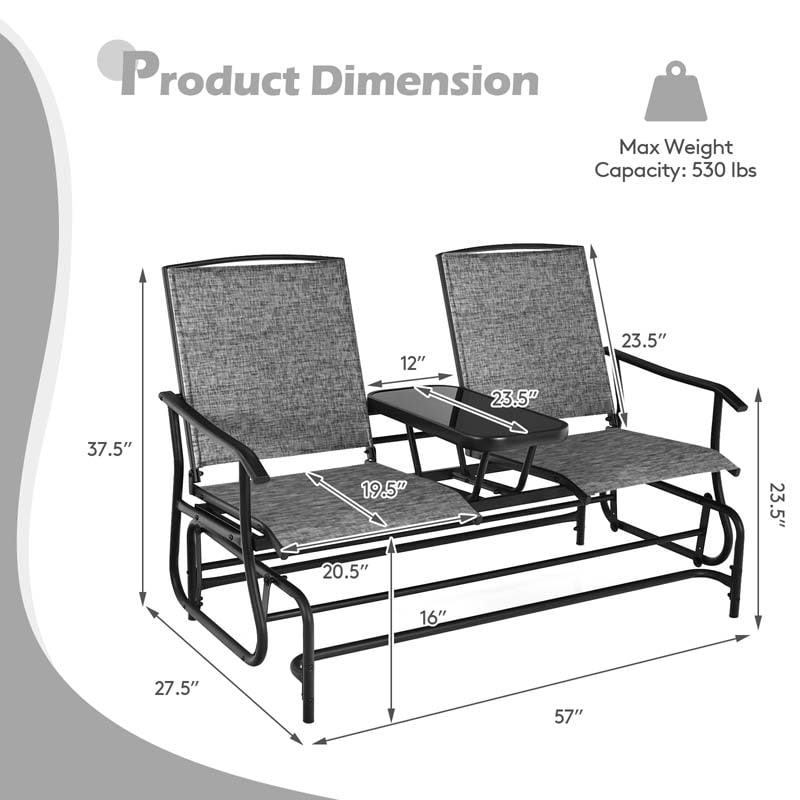 2-Person Outdoor Glider Bench with Center Table, Mesh Fabric Patio Double Rocking Loveseat Chair for Backyard, Poolside