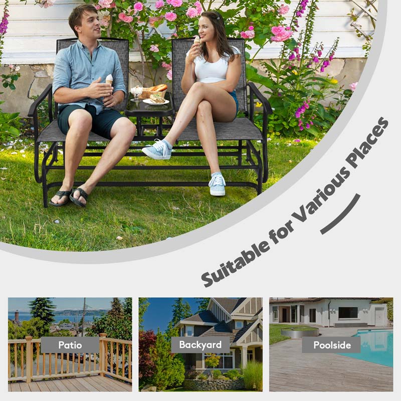 2-Person Outdoor Glider Bench with Center Table, Mesh Fabric Patio Double Rocking Loveseat Chair for Backyard, Poolside