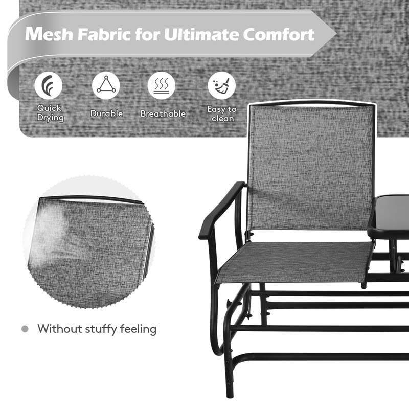 2-Person Outdoor Glider Bench with Center Table, Mesh Fabric Patio Double Rocking Loveseat Chair for Backyard, Poolside