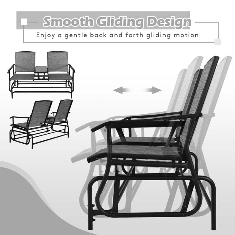 2-Person Outdoor Glider Bench with Center Table, Mesh Fabric Patio Double Rocking Loveseat Chair for Backyard, Poolside