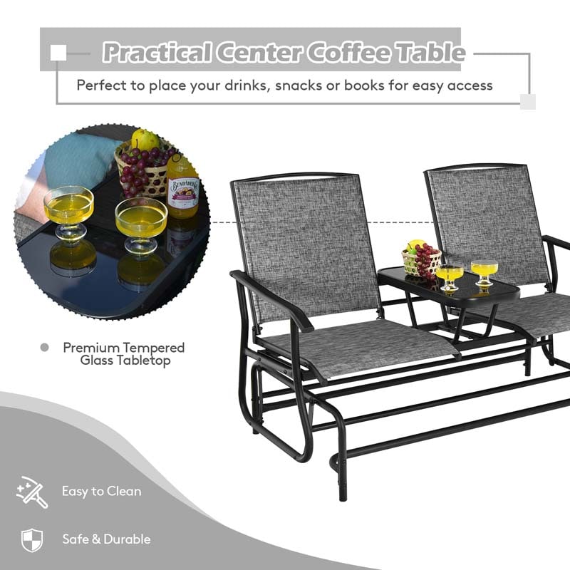 2-Person Outdoor Glider Bench with Center Table, Mesh Fabric Patio Double Rocking Loveseat Chair for Backyard, Poolside
