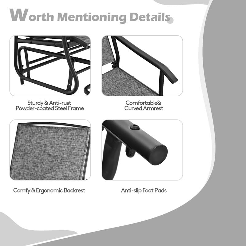 2-Person Outdoor Glider Bench with Center Table, Mesh Fabric Patio Double Rocking Loveseat Chair for Backyard, Poolside