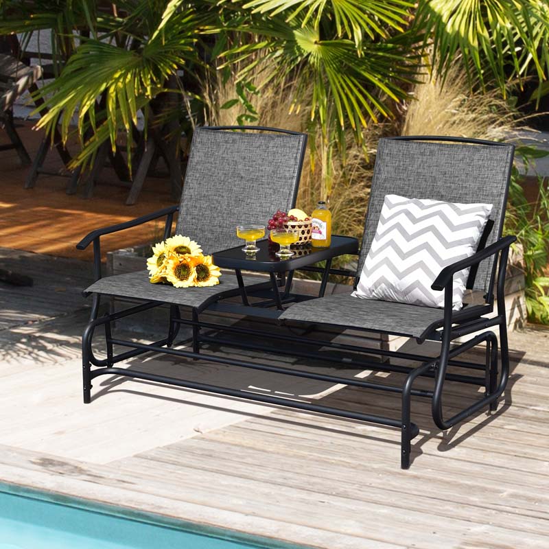 2-Person Outdoor Glider Bench with Center Table, Mesh Fabric Patio Double Rocking Loveseat Chair for Backyard, Poolside