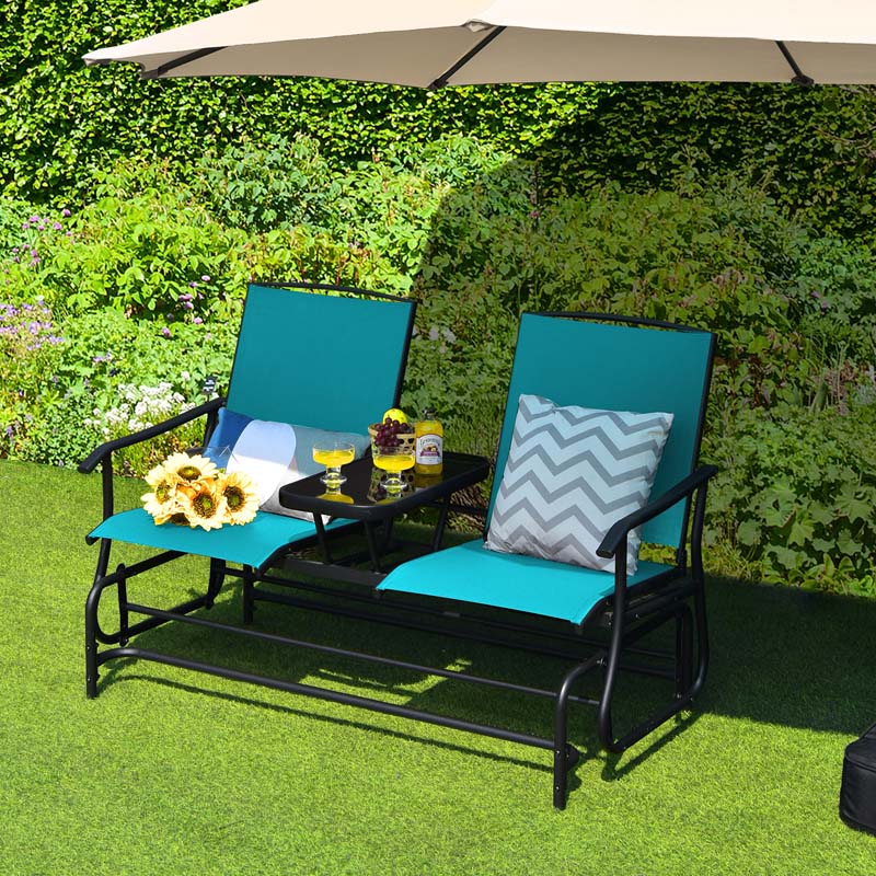2-Person Outdoor Glider Bench with Center Table, Mesh Fabric Patio Double Rocking Loveseat Chair for Backyard, Poolside