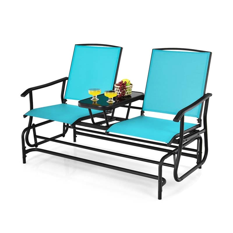 2-Person Outdoor Glider Bench with Center Table, Mesh Fabric Patio Double Rocking Loveseat Chair for Backyard, Poolside