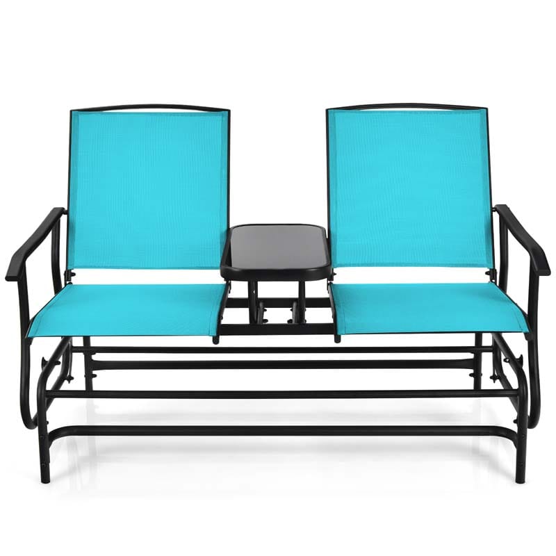 2-Person Outdoor Glider Bench with Center Table, Mesh Fabric Patio Double Rocking Loveseat Chair for Backyard, Poolside