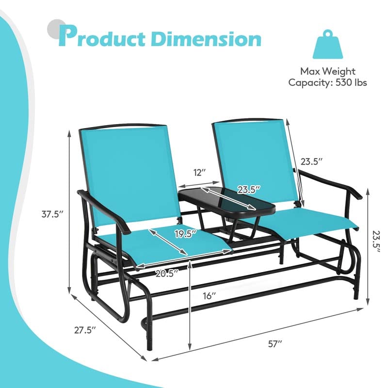 2-Person Outdoor Glider Bench with Center Table, Mesh Fabric Patio Double Rocking Loveseat Chair for Backyard, Poolside