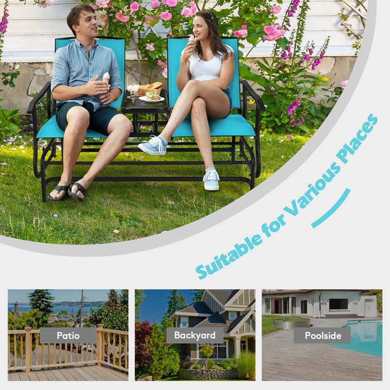 2-Person Outdoor Glider Bench with Center Table, Mesh Fabric Patio Double Rocking Loveseat Chair for Backyard, Poolside