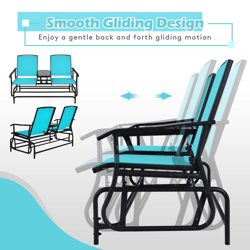 2-Person Outdoor Glider Bench with Center Table, Mesh Fabric Patio Double Rocking Loveseat Chair for Backyard, Poolside